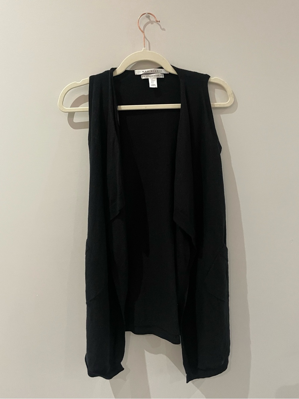 Max Studio 100% Merino Wool Black Sleeveless Open Front Vest